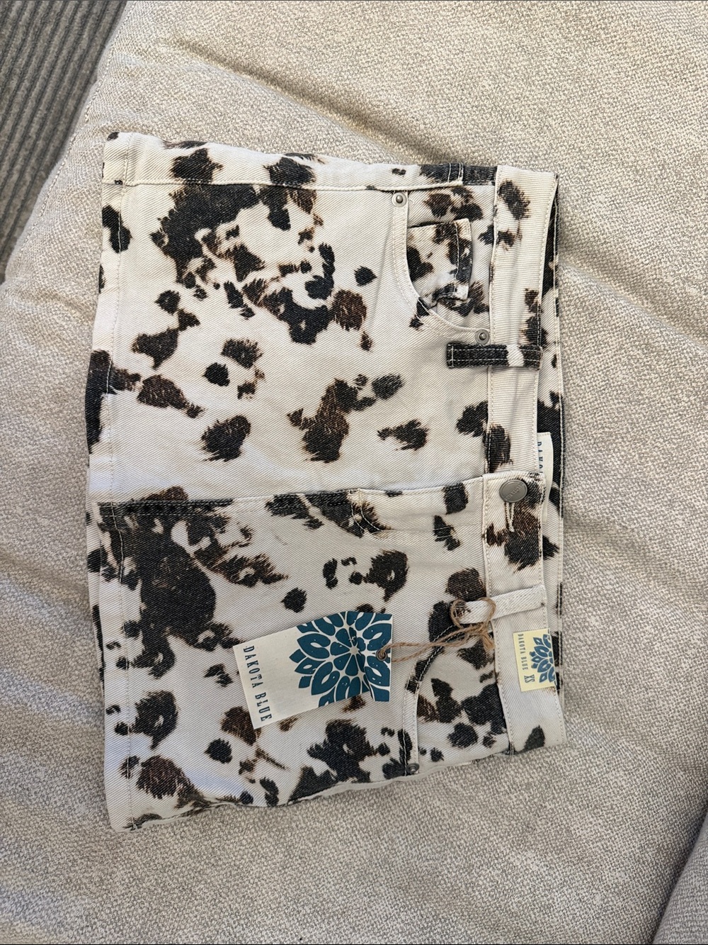 Dakota blue Animal Print Mini Skirt with Brown and Cream Spots cow print xs nwt